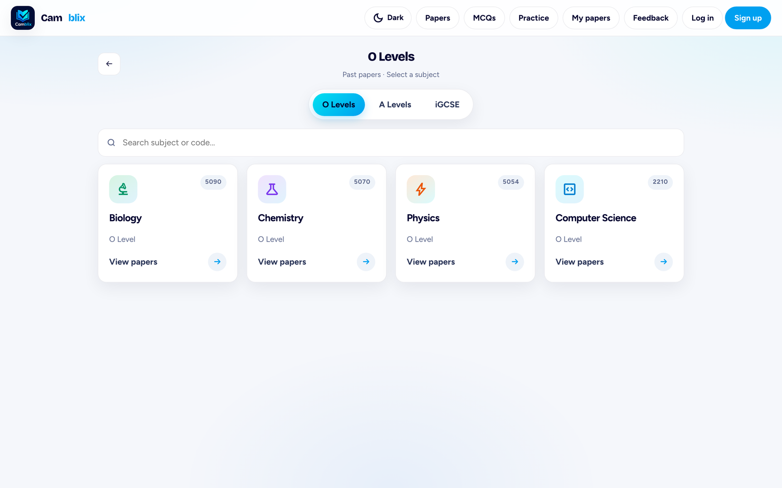 Camblix papers browser — O Level subject grid
