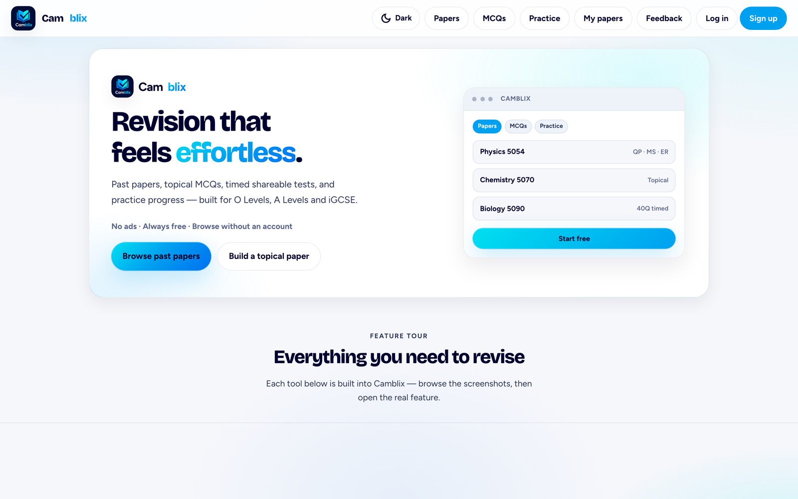 Camblix landing page — revision platform hero